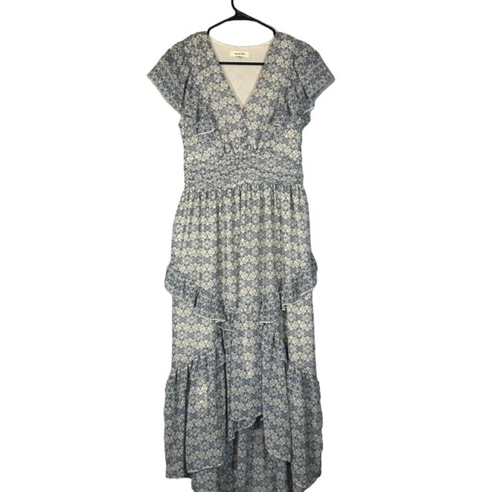 Max Studio Blue & White Floral Tiered Flutter Short Sleeve Dress Women Sz S